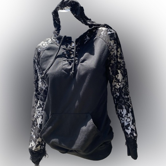 xjf=mc Tops Black Lace Goth Emo Black Hoodie With Lace Hood And